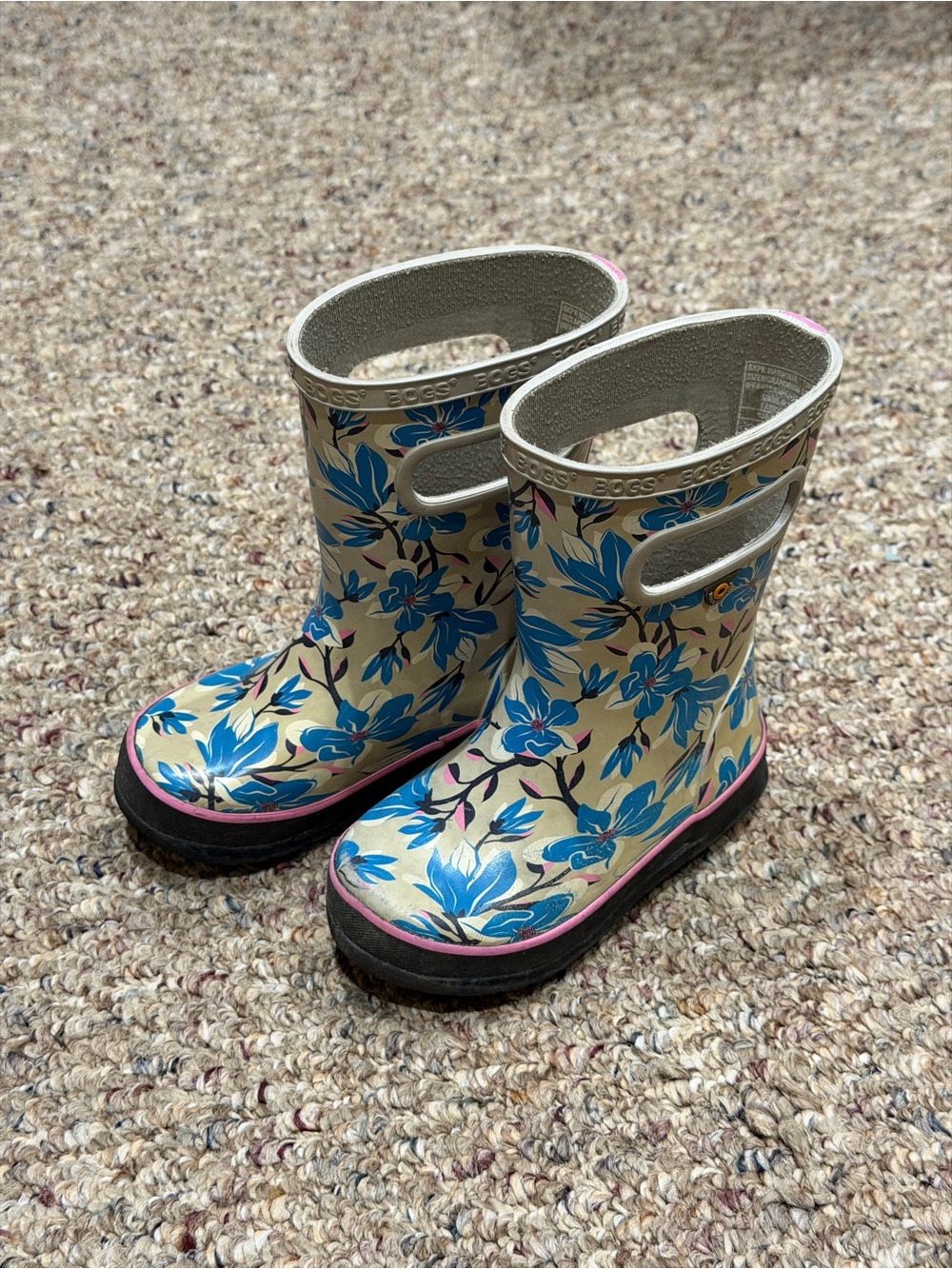 Bogs Kids Floral Rain Boots - Blue on Cream with Pink Trim